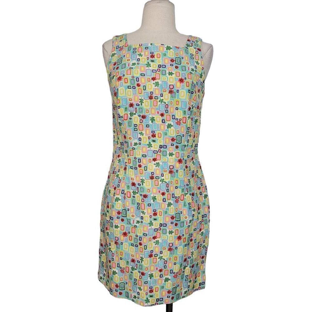 August Silk‎ Colorful Floral Geometric Silk Mini Dress Sz 4 Retro 70s Inspired